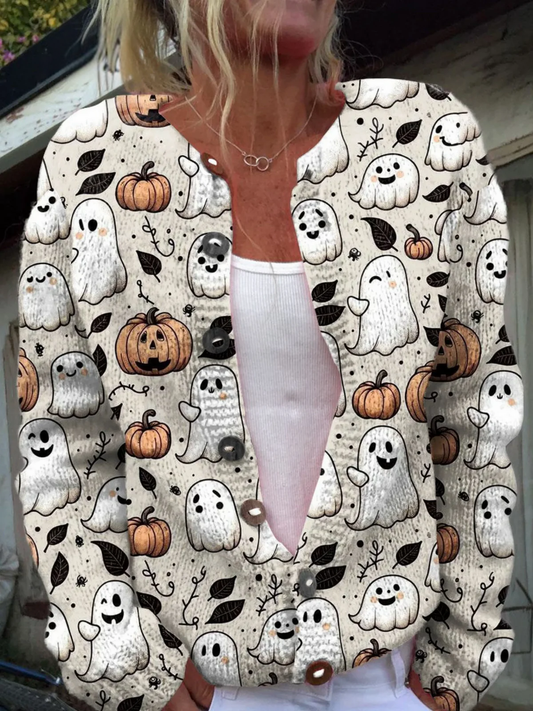 Gerda | Gebreid vest met spook- en pompoenprint